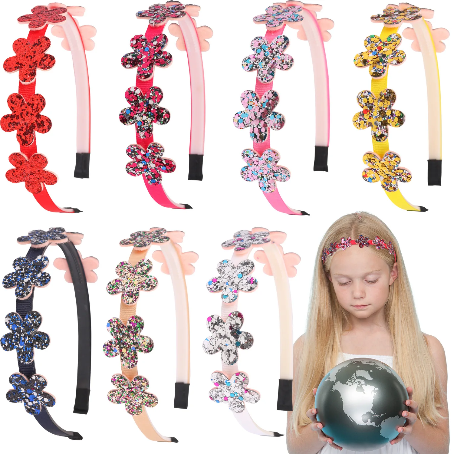 BELLEGIRL Europe and America kids hair accessories popular flower headbands colorful glitter kids hair bands for party