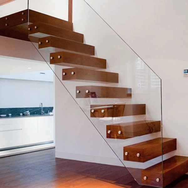 Modern Home Floating Stairs Decoration staircase design wooden treads fixing with 12mm Glass Railing