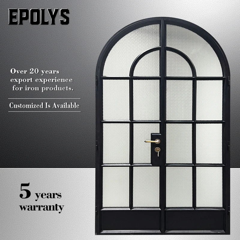 French interior doors Black arched swing double glass doors with opaque pattern laminated glass and vintage copper handles