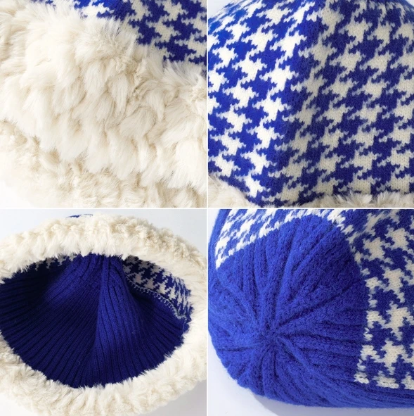 Fashionable Thousand Bird Grid Knitted Hat for Women Shopping in Autumn and Winter, Plush Warm Ear Protection