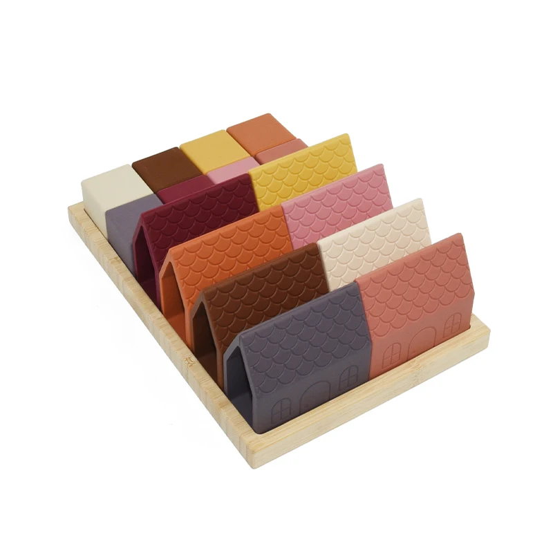 Rainbow colors Silicone Baby Montessori Soft Building Blocks house Stacking with Sorting Tray for Toddlers