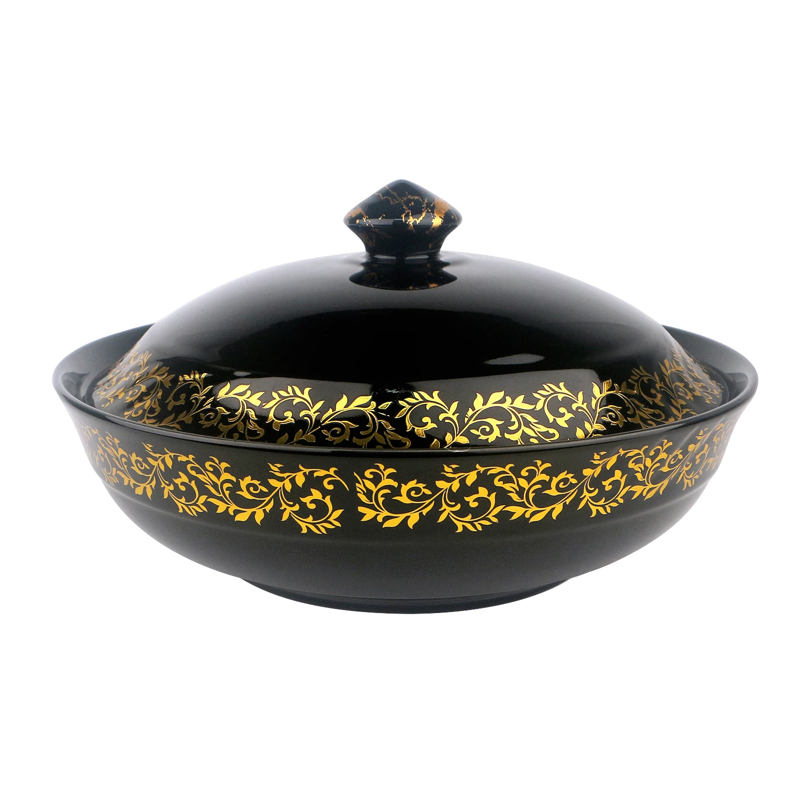 Light Black Green Color Rice Bowl With Gold Flower Pattern gold rim and gold Lid