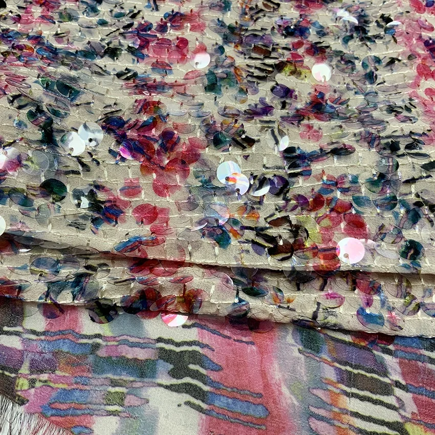 Shaoxing textile factory price 3D printed sequin embroidery chiffon fabric with sequins