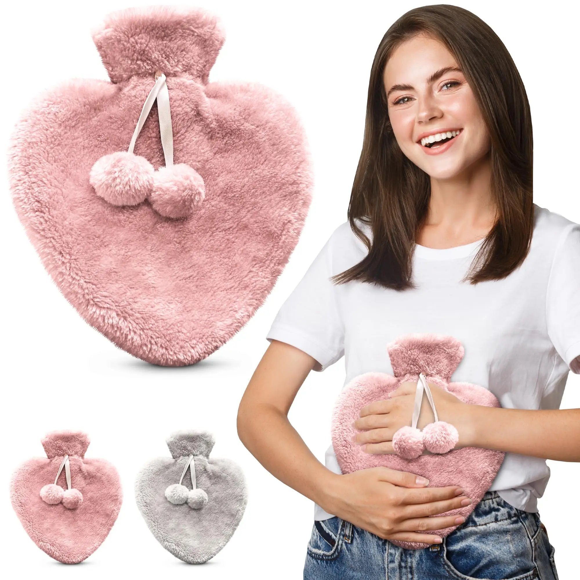 Heart Shape Premium Pink Color 1L Rubber Hot Water Bottle Bag With Fluffy Cover Hot Water Bottle