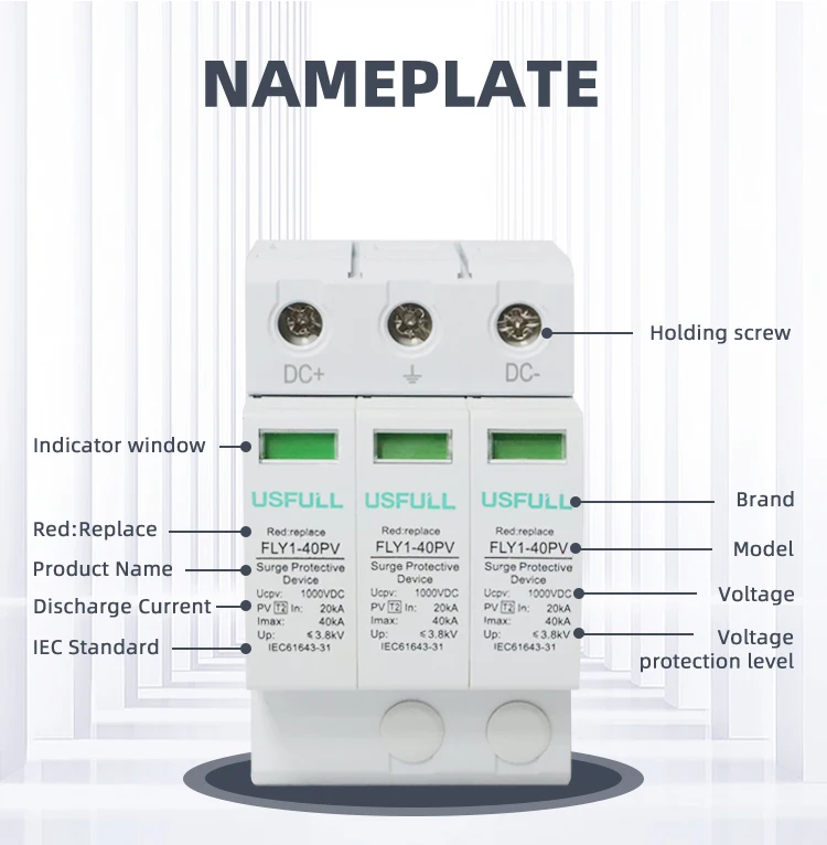 USFULL Surge Arrester PV SPD Solar Surge Protector 40KA 600V 2P 3P DC Surge Protective Devices Lightning Protection & Earthing