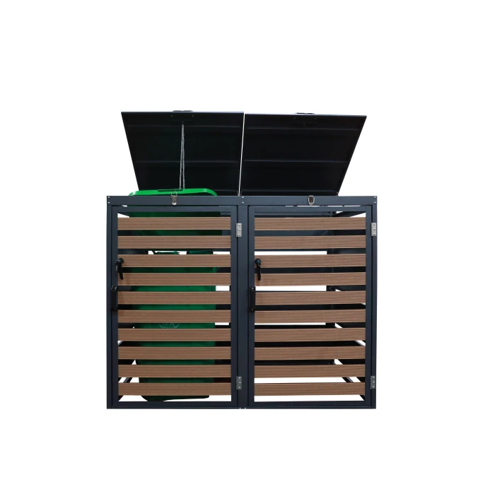 outdoor used furniture customized wooden effects trash bin cabinet 240L steel KD Structure 1 doors garbage bin cover box