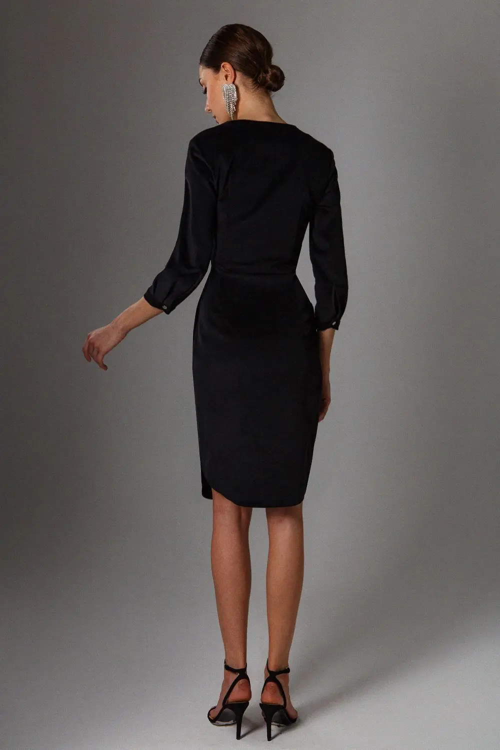 High Quality Fashion V Neck Three Quarter Sleeves Button Front Slim Fit Midi Dress For Women