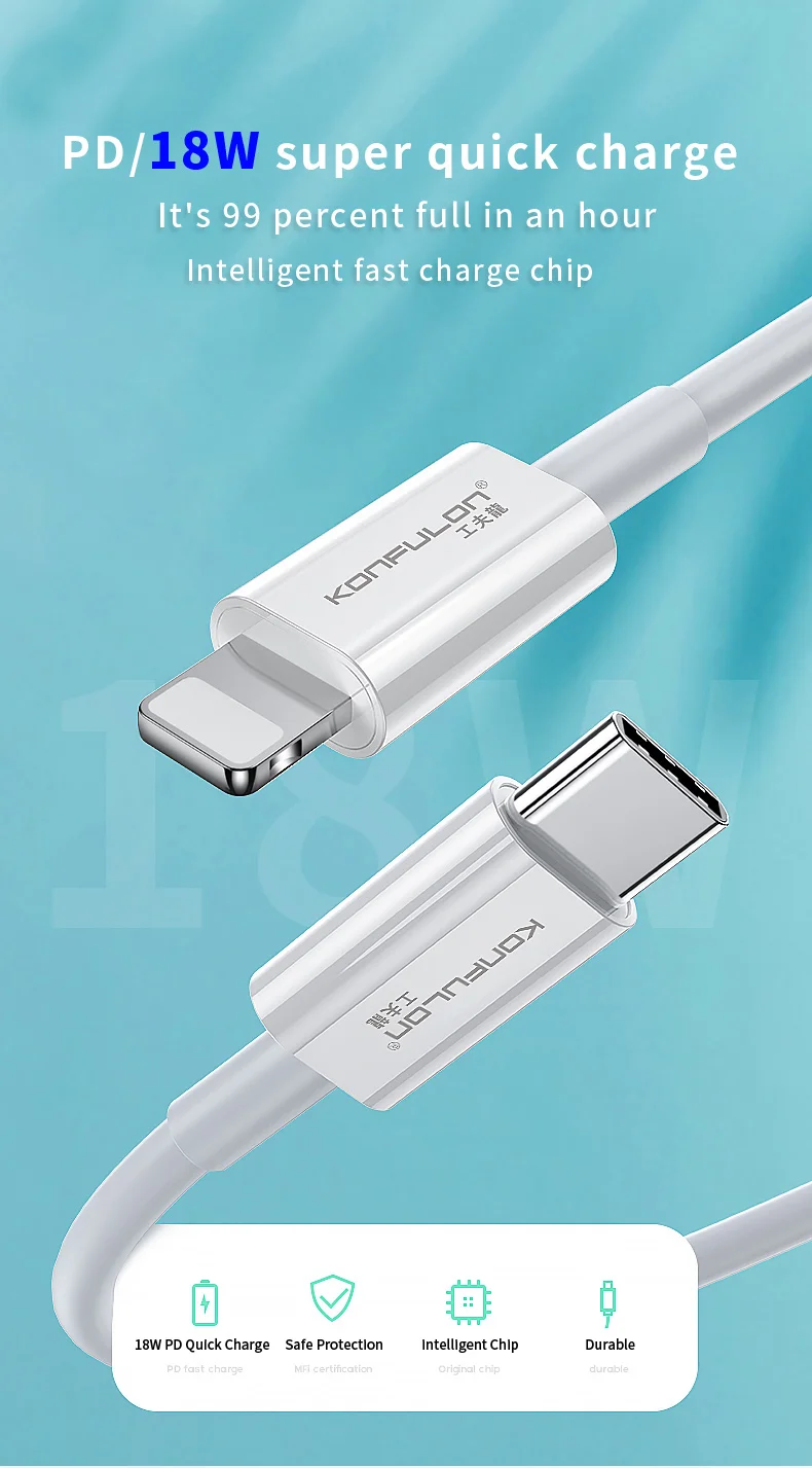 konfulon 2023 Best Selling Products C2L PD 20W USB type C to Lighting Fast Charging Cable Data Wire battery for iP13 pro max