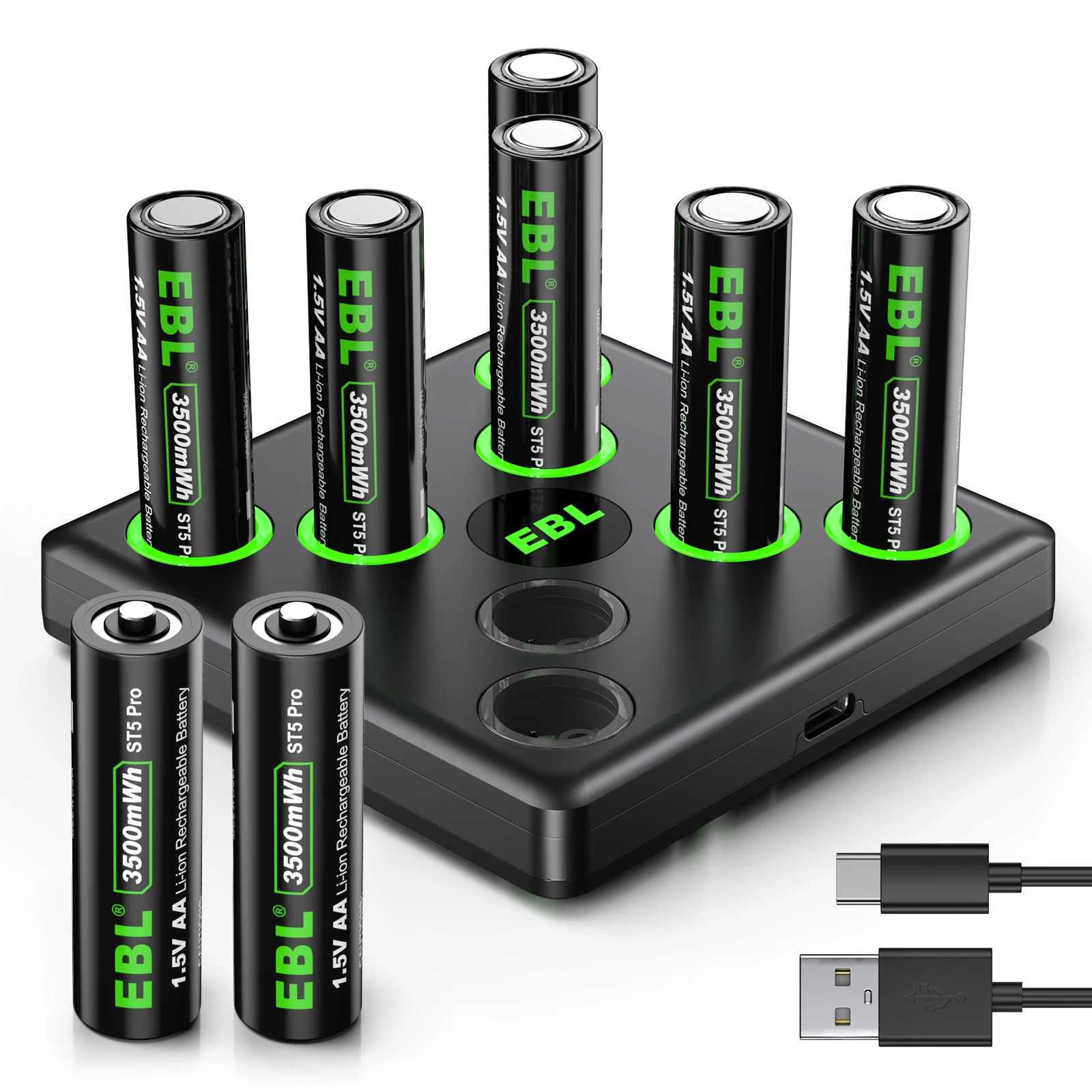 EBL Rechargeable Lithium ion AA 8 Pack 1.5V Battery AA 3500mWh USB-C Fast Charger Set For Camera Video Doorbell Flashlight