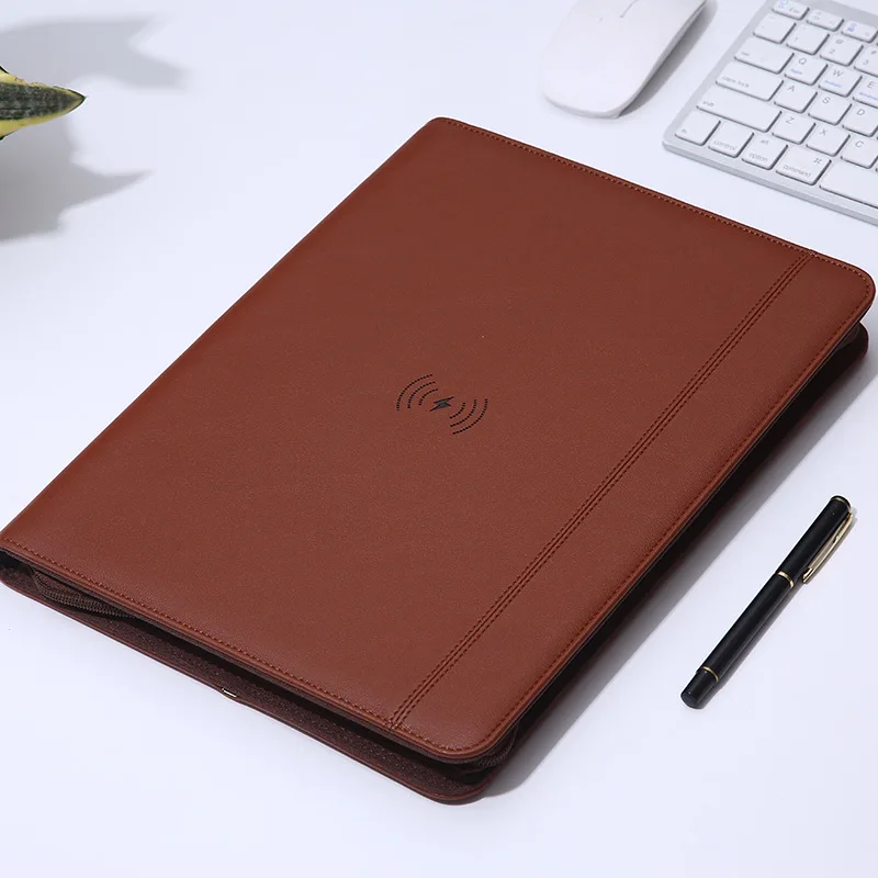 Multi-function powerbank a4 pu leather notebook wireless charging gift business Portfolio office file folder