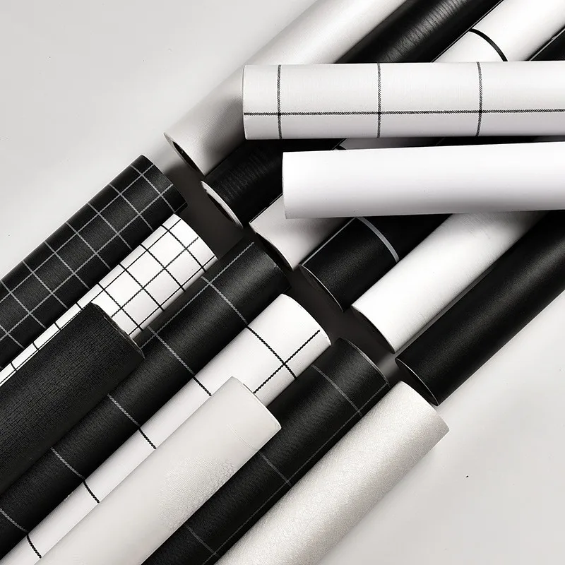 Simple pattern white grid wall paper sticker adhesive waterproof pvc black wallpaper for hotel house living room deco