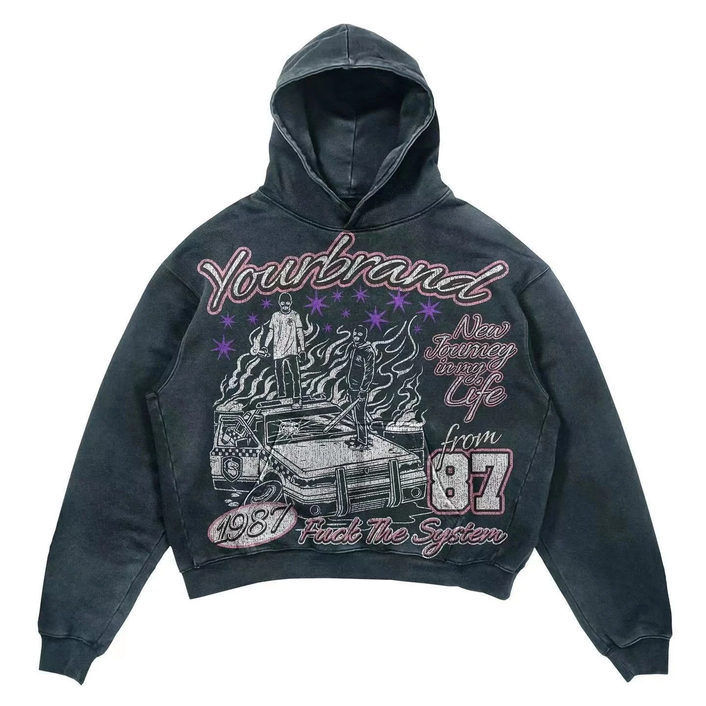 480gsm Custom graphic pattern vintage acid wash tight leg sweat pants and hoodie 2 piece set tracksuit sweat track suit men