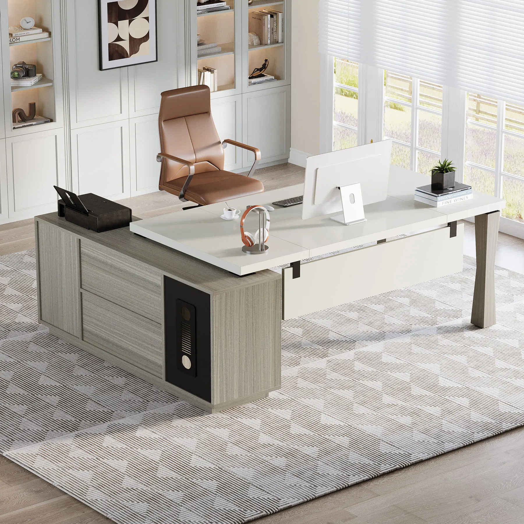Tribesigns 71-Inch Executive Desk, L-Shaped Desk with Cabinet, Large Office Desk with Storage Shelves