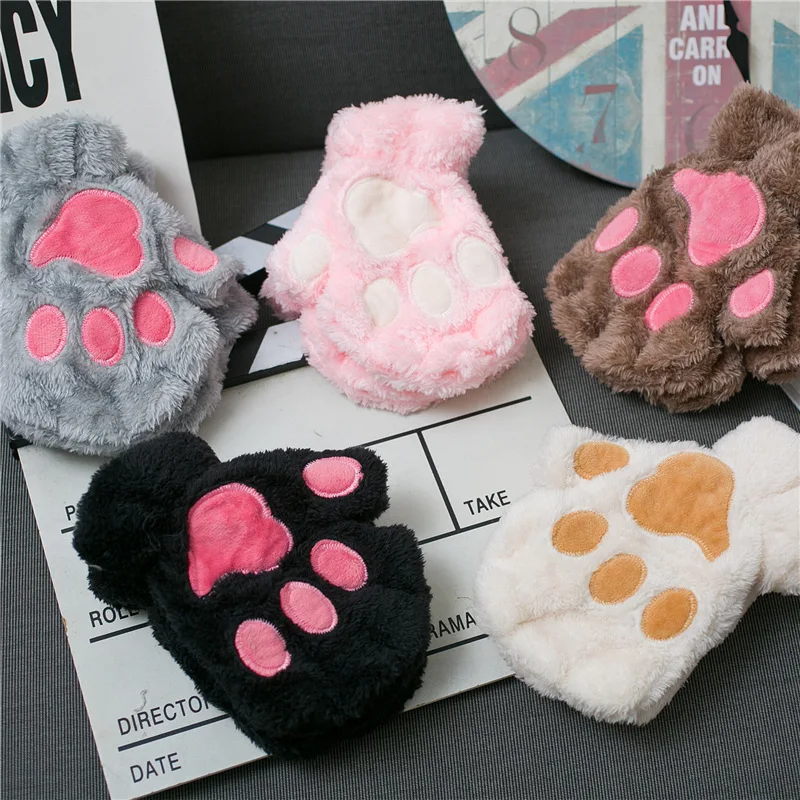 Botu winter Kids Cute Cat Claw Paw Plush Mittens Warm Soft Plush Short Fingerless Fluffy Bear Cat Gloves Costume Half Finger