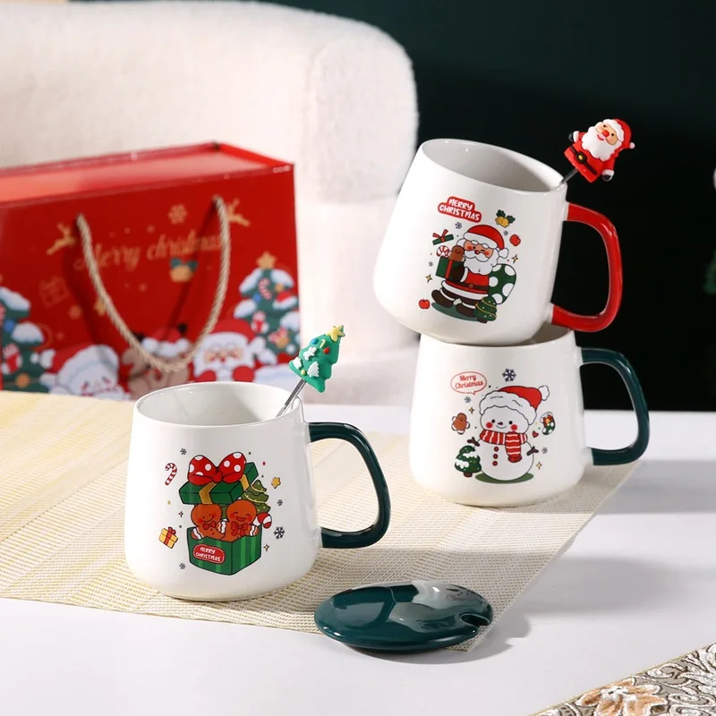 Christmas Mug New Year Gift Decoration Set Ceramic Mug with Lid and Spoon Coffee Mug Souvenir