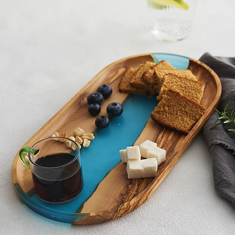 Подиумный домашний декор ручной работы, поднос из оливкового дерева и эпоксидной смолы для закусок, сыра, кофе, чая