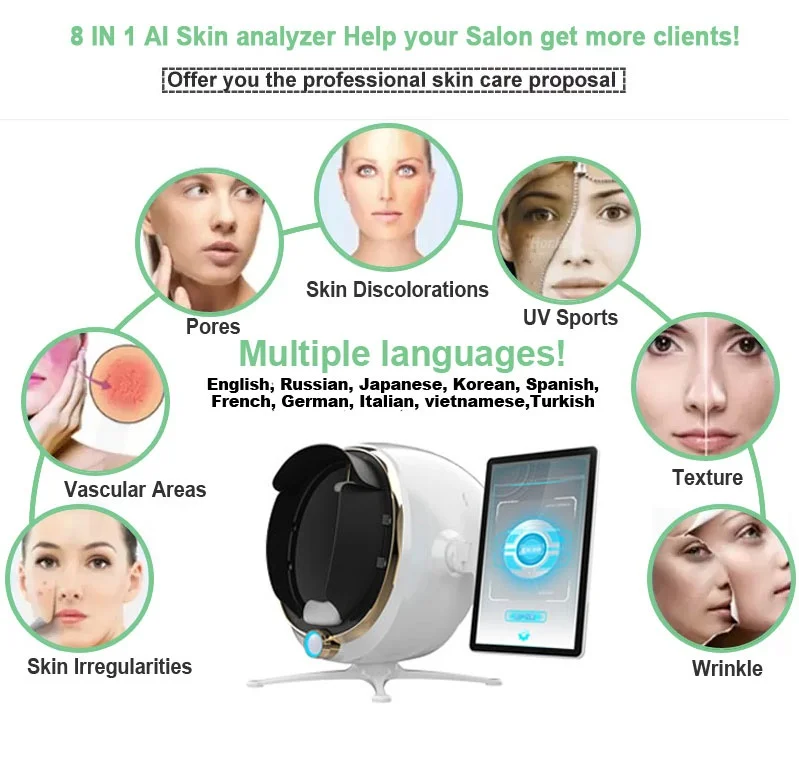 Professional skin Analyzer Spanish version Bitmoji Magic Mirror AI Facial Scanner 36 Million Pixels, 8 Spectrums , 14 languages