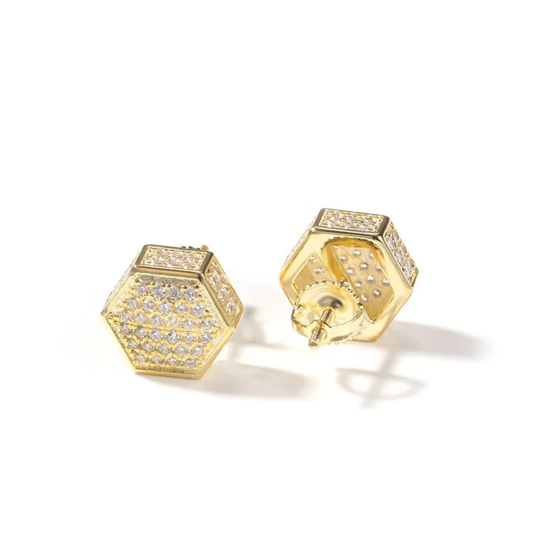 Men 925 Sterling Silver CZ Micro Paved Hexagon Screw Back Gold Plated Earrings Jewelry