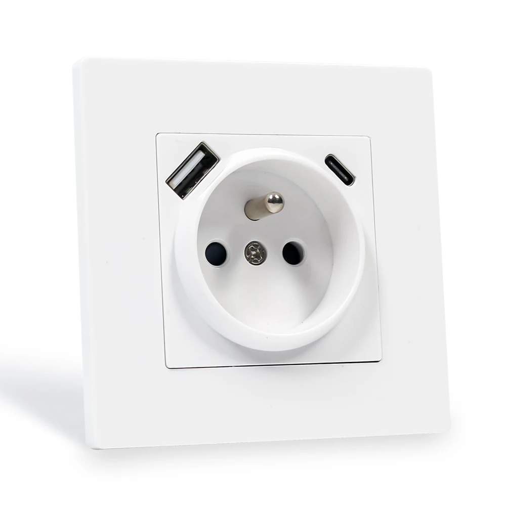 EU Type French Socket Electrical Power Wall Socket With  Type-A Type-C USB Chargers Output 2.1A DC 5V