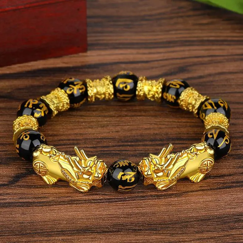 Chinese Lucky Bracelets Gold Plated Beads Feng Shui Black Obsidian Wealth Bracelet
