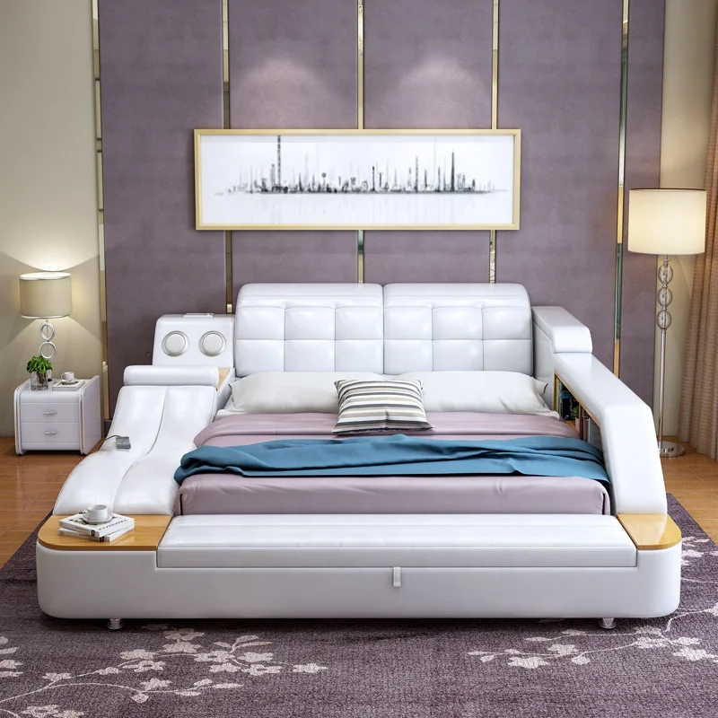 Luxury Modern Bedroom Furniture Double Sleeping Tatami Storage Massage Leather Bed With Gas Lift