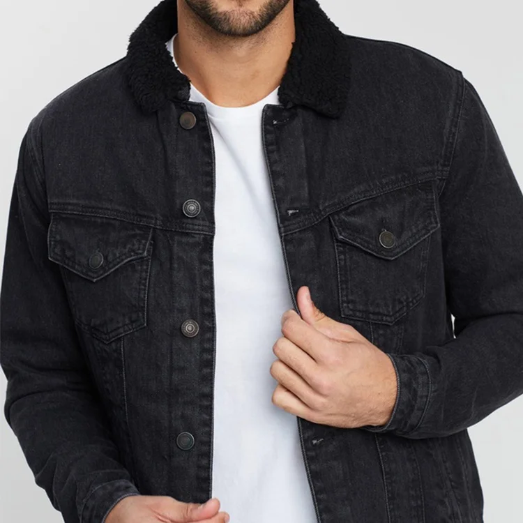 Men Black Custom Button Up Winter Warm Sherpa Fleece Denim Jacket