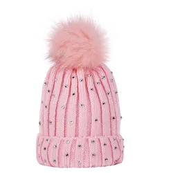 New design children big pompom ball wool winter hat rhinestone wholesale fashion knit baby kids diamond hats
