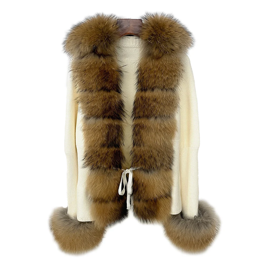CX-G-A-291A Winter Warm Fur Sweater Women Knitted Belt Coat With Detachable Raccoon Fur Collar Cuffs