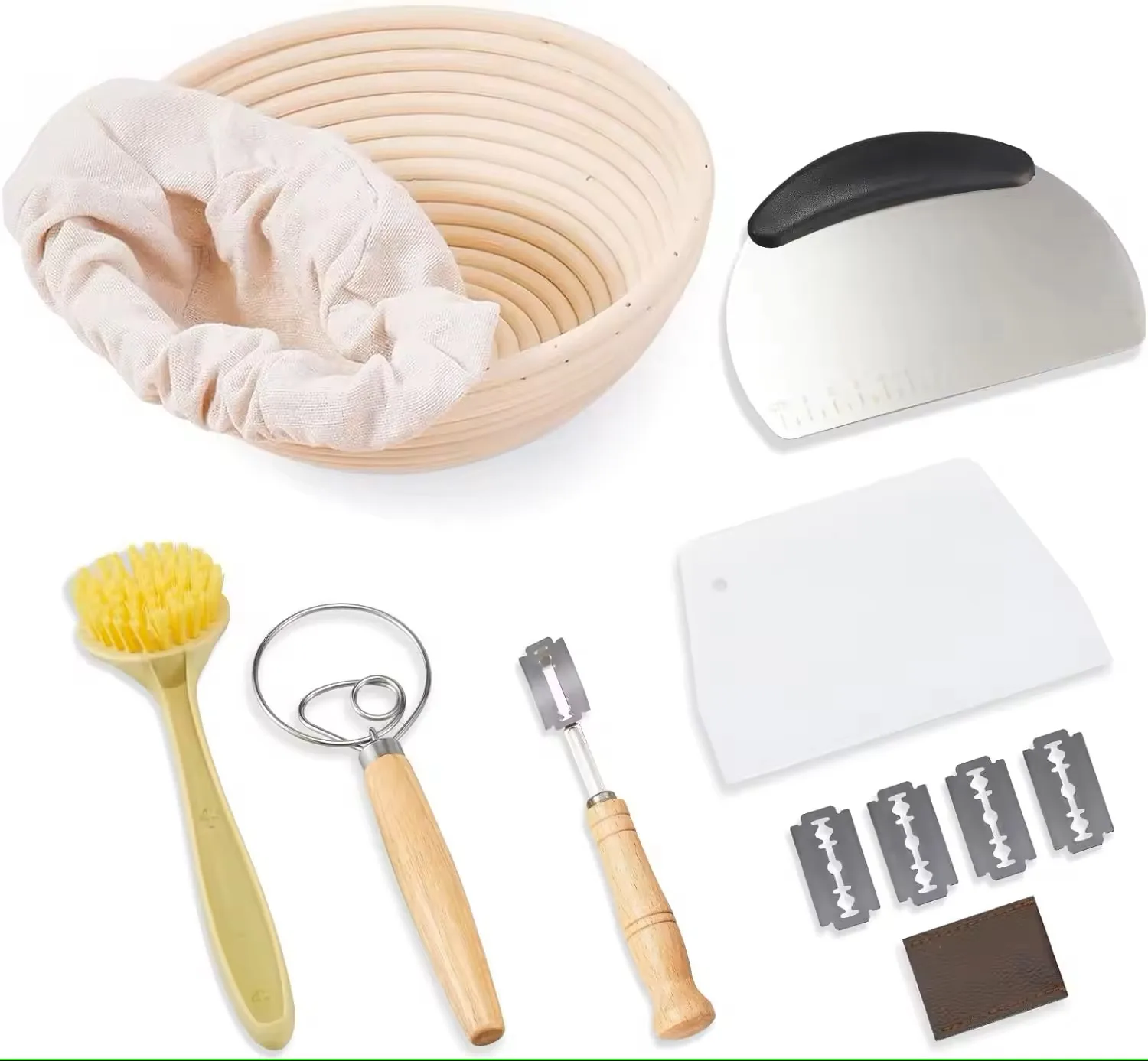 Eco-Friendly Rattan Bread Sourdough Proofing Basket Set Dishwasher Safe Flexible Flexible Pastry Cutters & Dough Whisk Baking