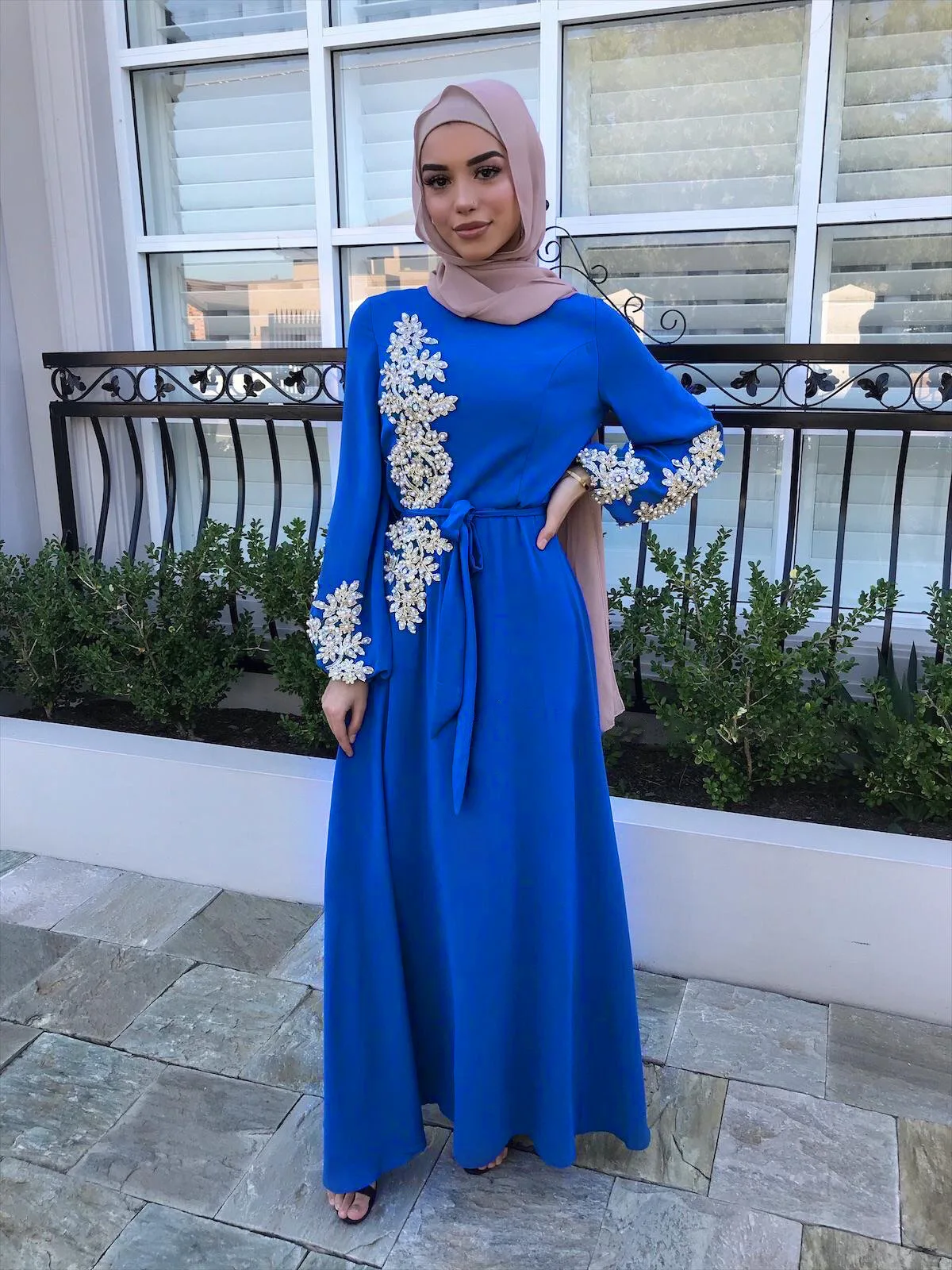 6 color Heavy Pearl Muslim Turkey Middle East Dress  chiffon abaya dress with embroidery and beading