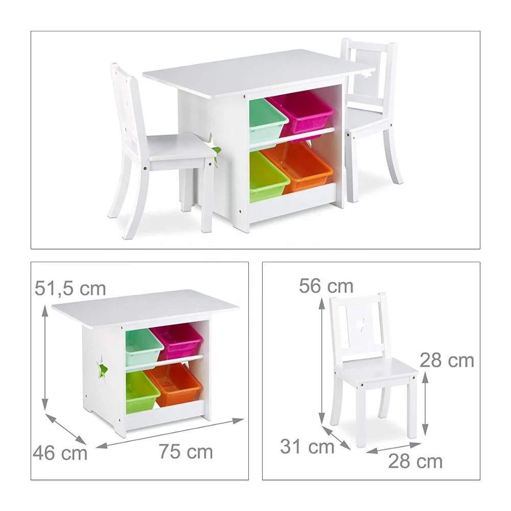 Wood children furniture  kids table and 2 chairs set with storage bins