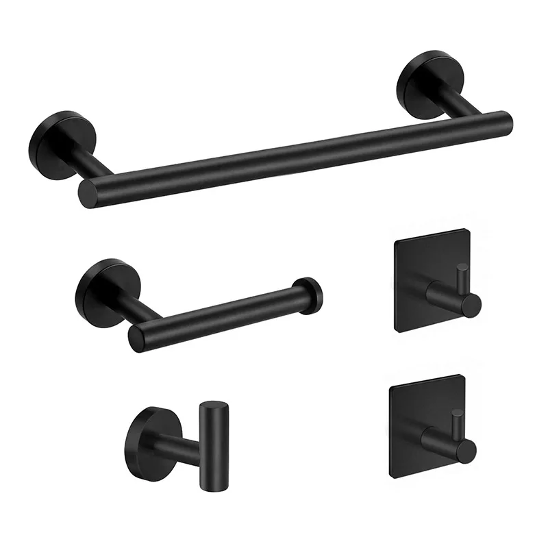 Black Wall-mounted Black Stainless Steel Towel Rack Set Towel Bar Toilet Paper Holder Robe Towel Hooks Bathroom Accessories Kit