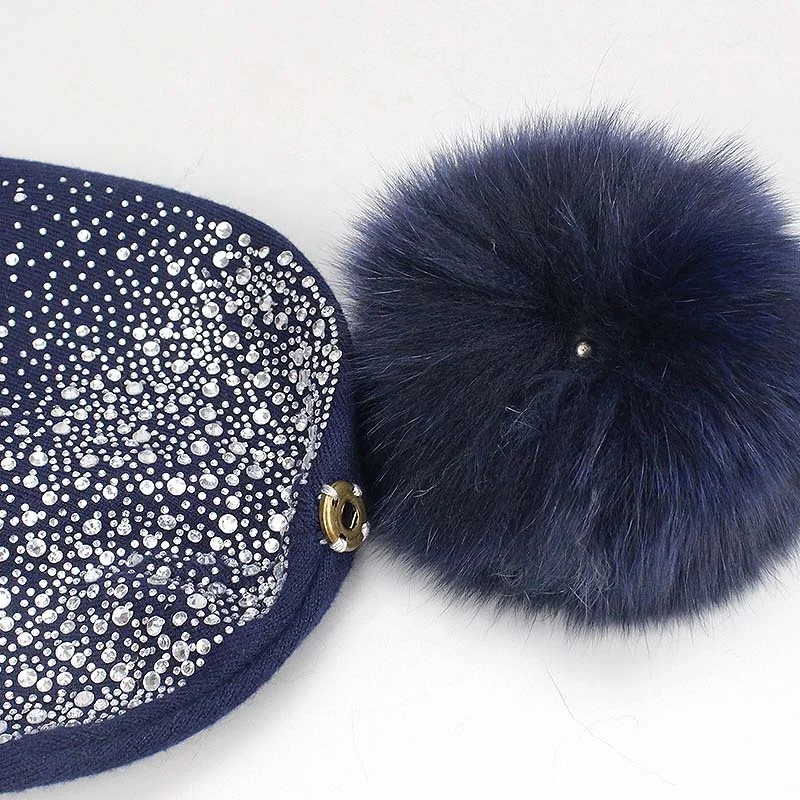 
Factory Wholesale Womens Knitted Soft Beanie Fox Fur Ball Hats Winter Hats With Pom poms 