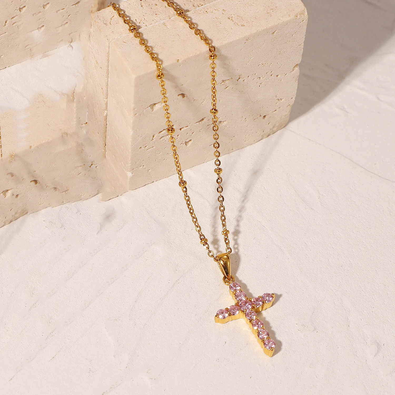 2022 New dainty tiny 14k gold plated stainless steel beaded chain womens christian gold diamond cross pendent necklace