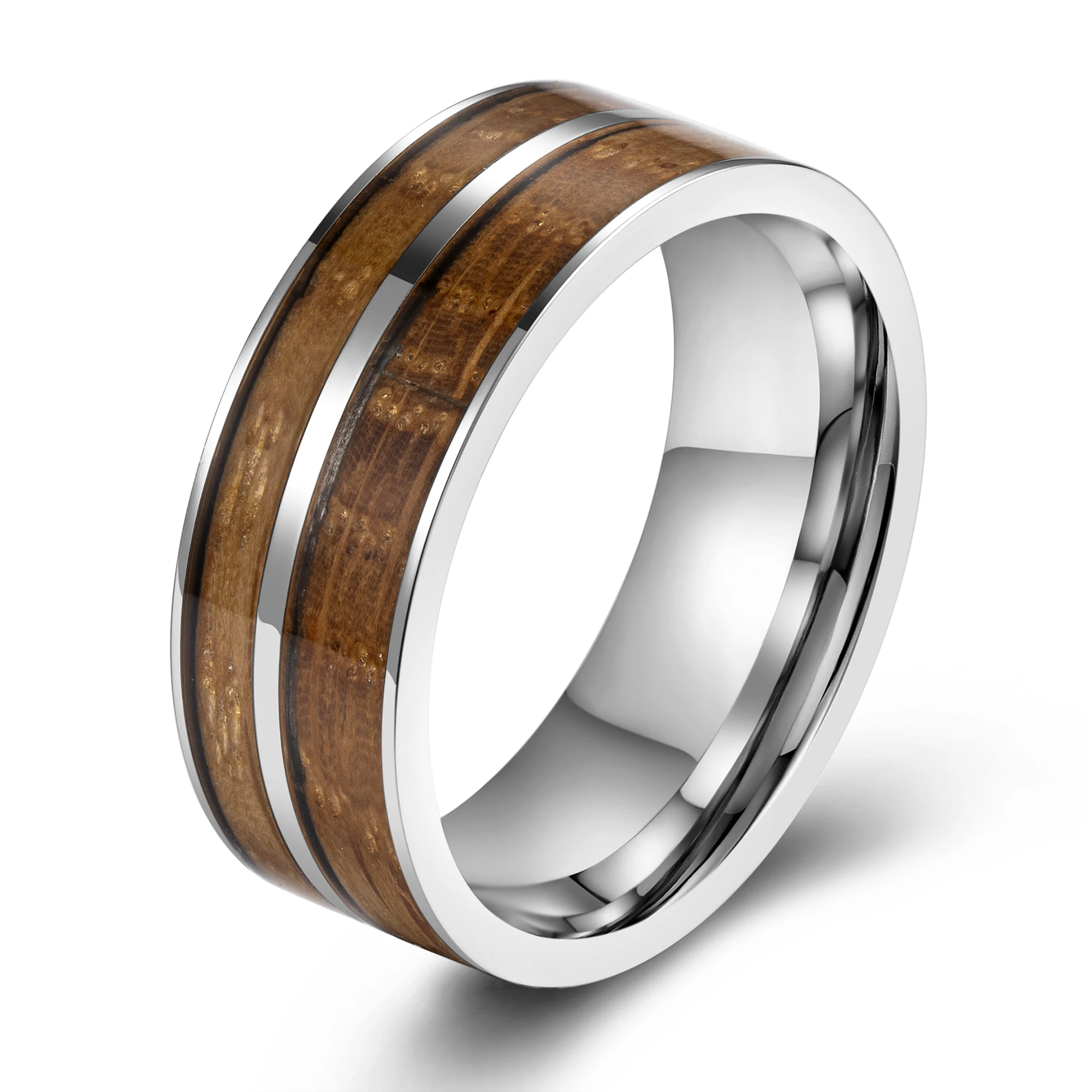 8mm Flat Wholesale Whisky Barrel Wood Inlay Wedding Band Silver Tungsten Carbide Rings For Men Women