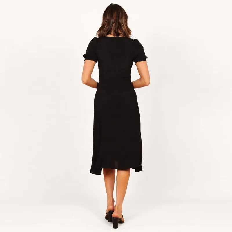 Custom Puff Short Sleeve Square Slit Midi Elegant Lady Dresses Ruffle Hem Black Dress For Women