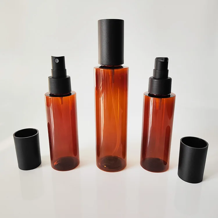 Wholesale 100ml 150ml 200ml Plastic Essence Emulsion Cosmetic Serum Press Pump Head Amber Bottle with Sprayer