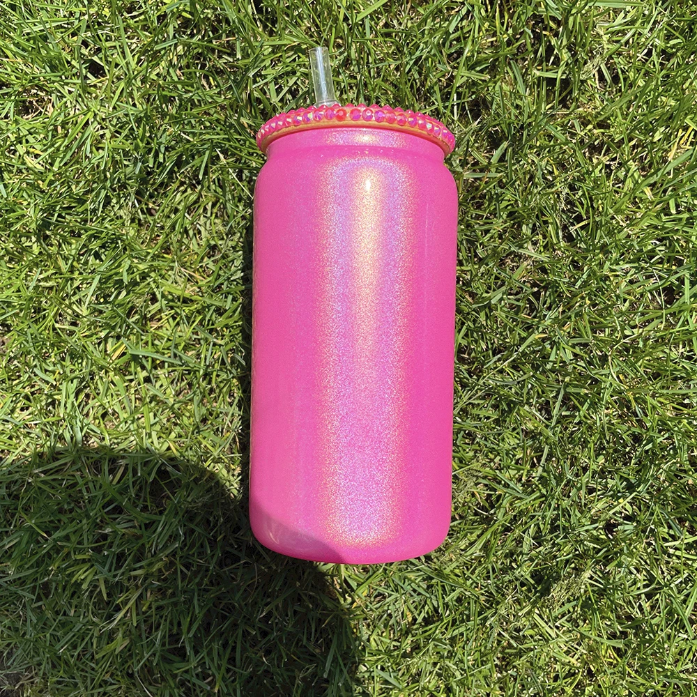 Wholesale Bulk 16oz blue pink white silver purple Shimmer Glitter Glass Can blank sublimation glass cup with bling lids