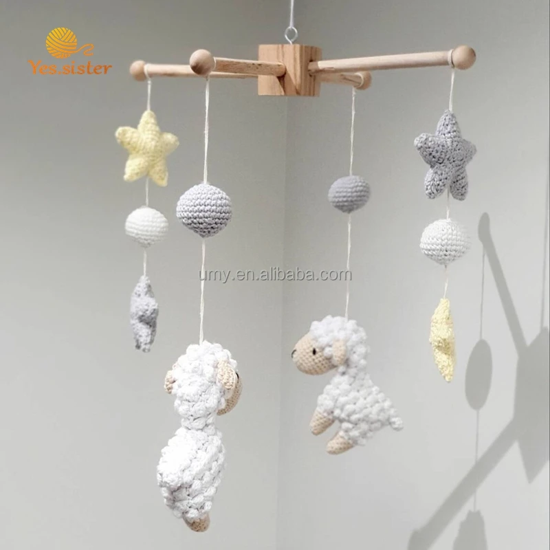 Eco-friendly 100 % Cotton Non Toxic Soft Toy Crochet Knit Sheep Star Cot Mobile Baby