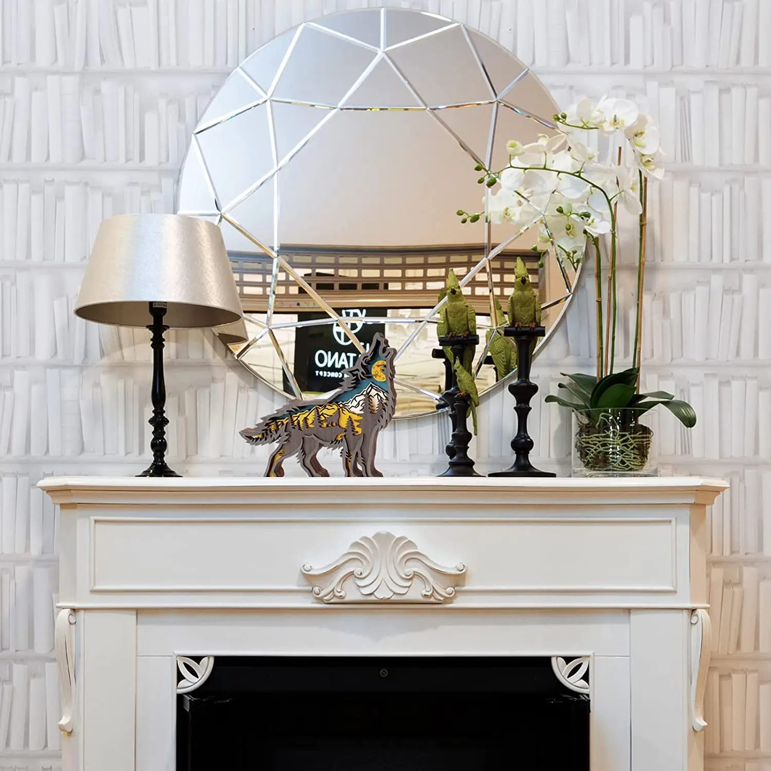 Forest Animal Wooden Home Sculptures Ornament,Multi-Layer 3D Wood Carving Art Shelf Table Wood Crafts Home Furnishing (Wolf