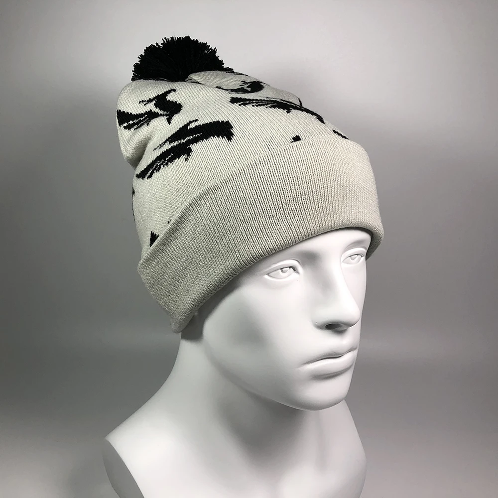 Russian winter hat with ball All over printed bird jacquard logo cuffed grey caps Custom logo outdoor sports pom pom beanie knit