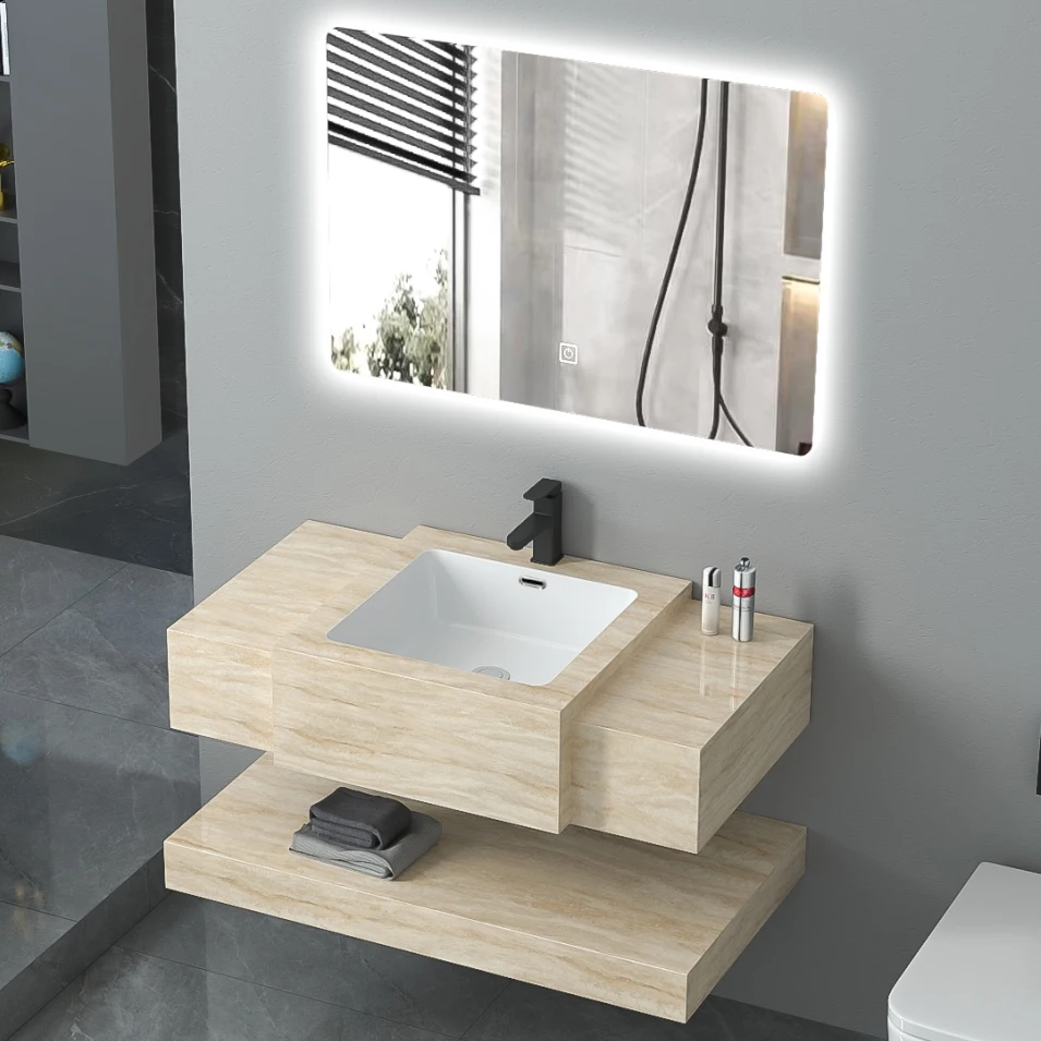 Modern Hotel Bathroom Furniture Custom Colors Marble Sintered Stone Washbasin Bathroom Cabinet with Smart Mirror