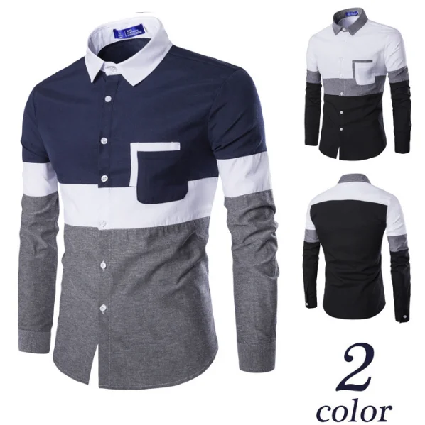 New Mens Fashion Stitching Color Camisa Slim Long Sleeve Shirts Men Designer Casual Shirt 2 Colour