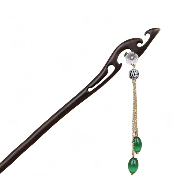 Baiyiyuan Hanfu Hairpins Sandalwood Jade Beads Chains Decorative Chinese Hair Stick Wood