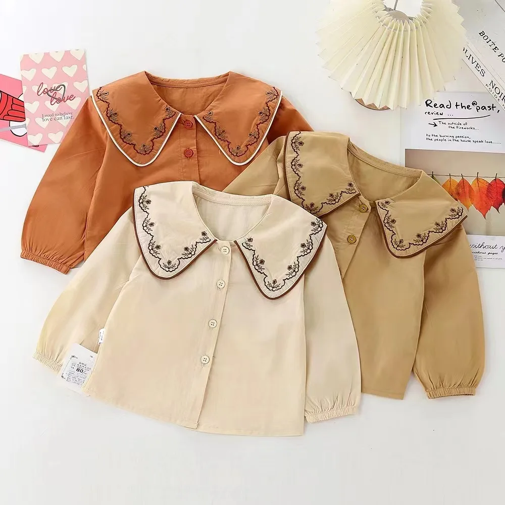 2024 Spring New Korean Style Toddlers Girls Princess Blouses Long Sleeve Tops doll shirt Children Casual Shirts