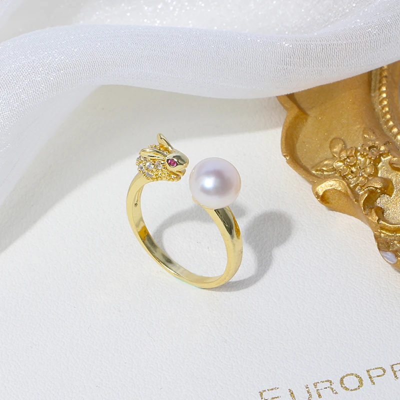 Модное кольцо с жемчугом и пуговицами размером 7-8 мм, покрытое позолотой 14 к, с милым Кроликом, по низкой цене