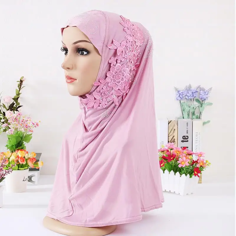 lace flowers rhinestones muslim hijab women islamic beaded hijab scarf HW263
