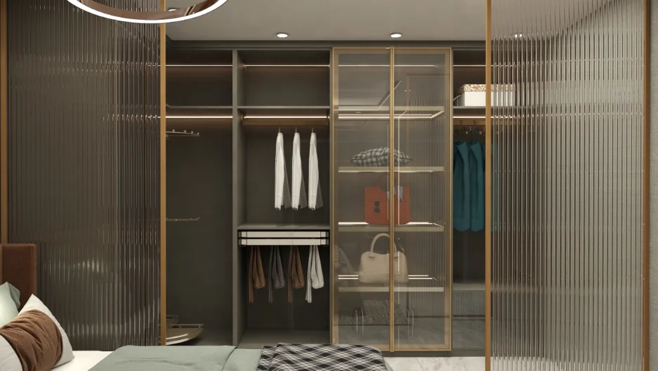 Beautiful light luxury wardrobe with custom glass doors hides LED light strip colors that can be customized