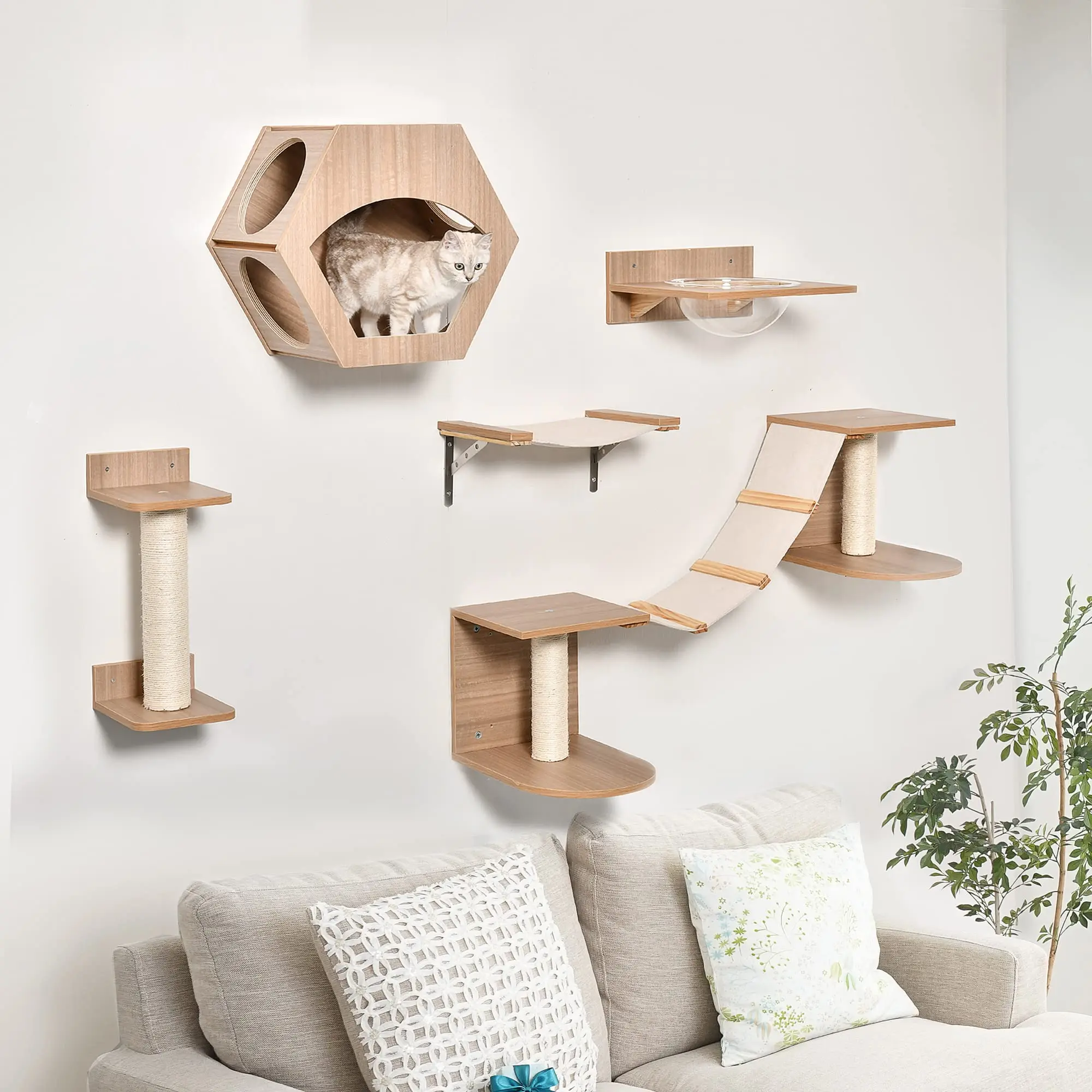 Cat Climbing Shelf and Perches Round Decorative Cat Hammock cat wall shelves Wall Steps with Scratching Pad