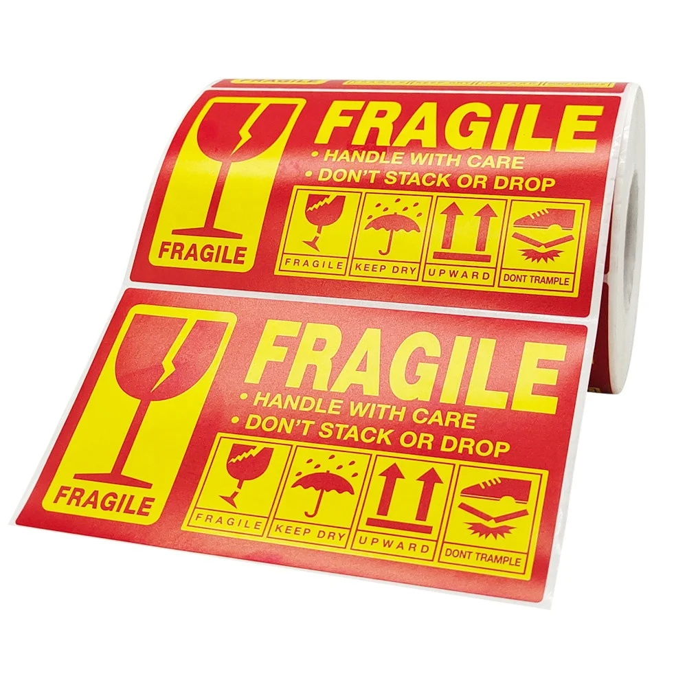 Fragile sticker logo custom self adhesive shipping labels handle with care bright red warning fragile stickers roll autocollant